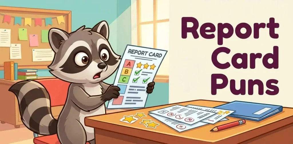 Raccoon holding a report card